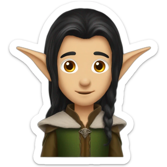 An elf from the lord of the rings, black long hair, pointy ears, brown eyes colors sticker
