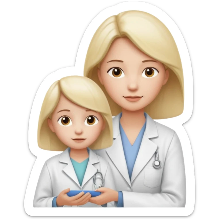 Mostre uma mulher vestida de jaleco branco, atendendo uma criança, expressão leve e detalhamento suave típico de emojis modernos. A cena deve ter um visual limpo, com sombras sutis e contornos suaves, mantendo o estilo cartoon 3D usado em emojis do iOS. Mantendo coerência com o estilo emoji.” sticker