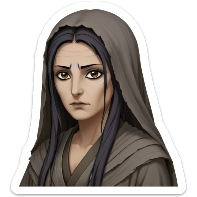 Mirri Maz Duur is a weathered, middle-aged Lhazareen woman with deep-set dark eyes, high cheekbones, and a sharp nose, giving her a stern, knowing expression. Her long, unkempt dark hair streaked with gray falls loosely over her shoulders, and her earth-toned, tattered robes mark her as a humble healer. Despite her frail appearance, she exudes an aura of mystery and menace, her hands stained with herbs and blood from both healing and dark sorcery. sticker