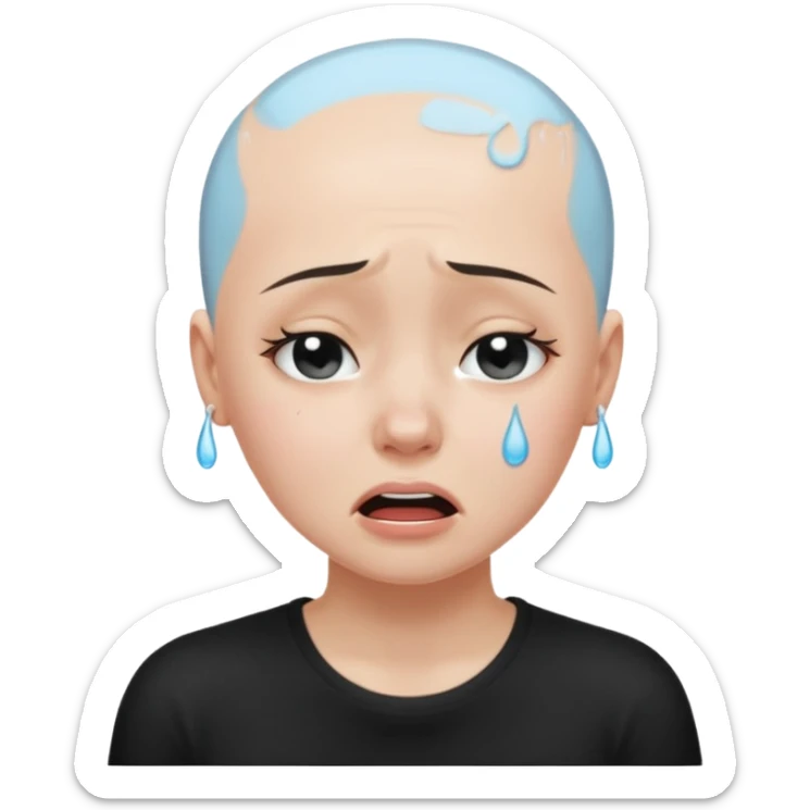 a pretty bratz fair bald girl with no hair crying wearing a tight black tee sticker