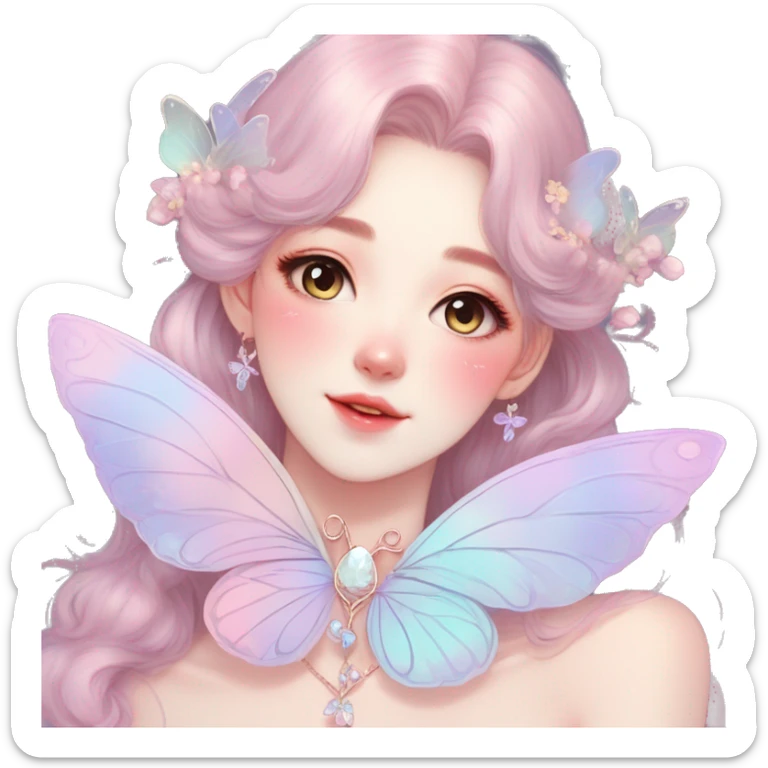 Gorgeous pastel anime style lady with blushing face and butterfly wings necklace cottagecore fairycore pastelcore colorful pearly romantic simplistic aesthetic trending style sticker