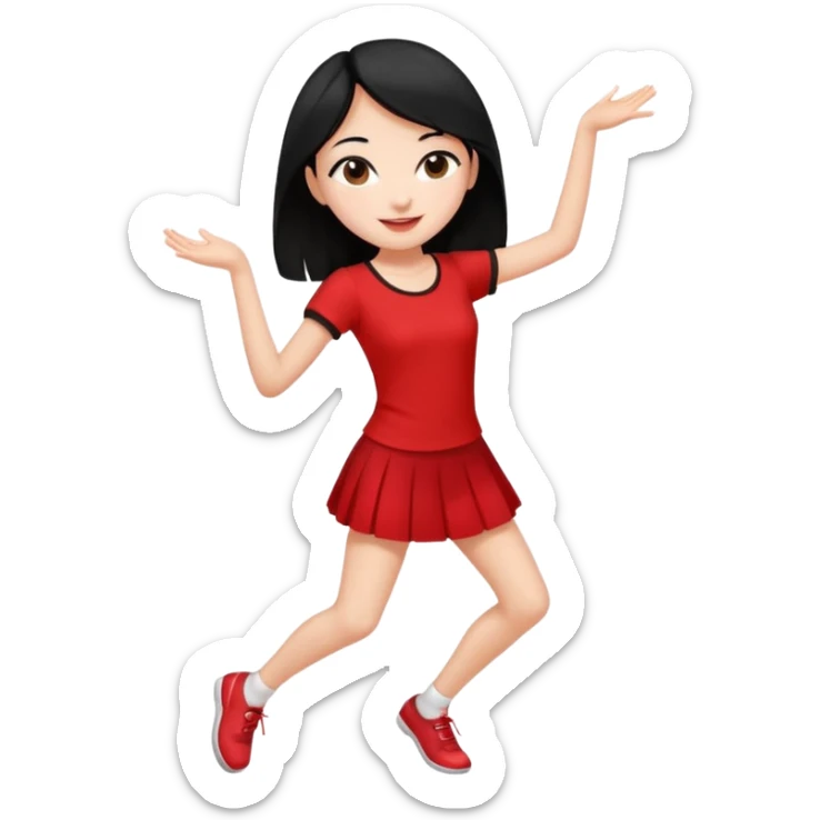 Chicas esbelta con falda corta negra y top rojo,pelo semi largo negro y lacio  super feliz,pero bailando sticker