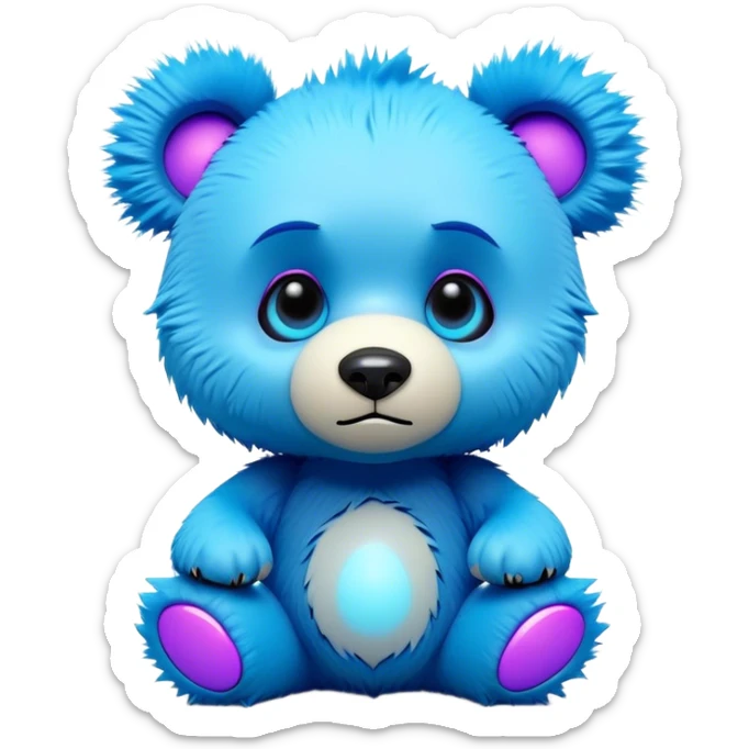 3D, adorable little Pixar style blue neon punk bear with a broken toy, ultra detailed, each lash, eye, and strand of fur is shown in stunning detail as though captured in a timeless photograph, rich textures, visually rich, so lifelike it feels like it could leap off the page at any moment sticker