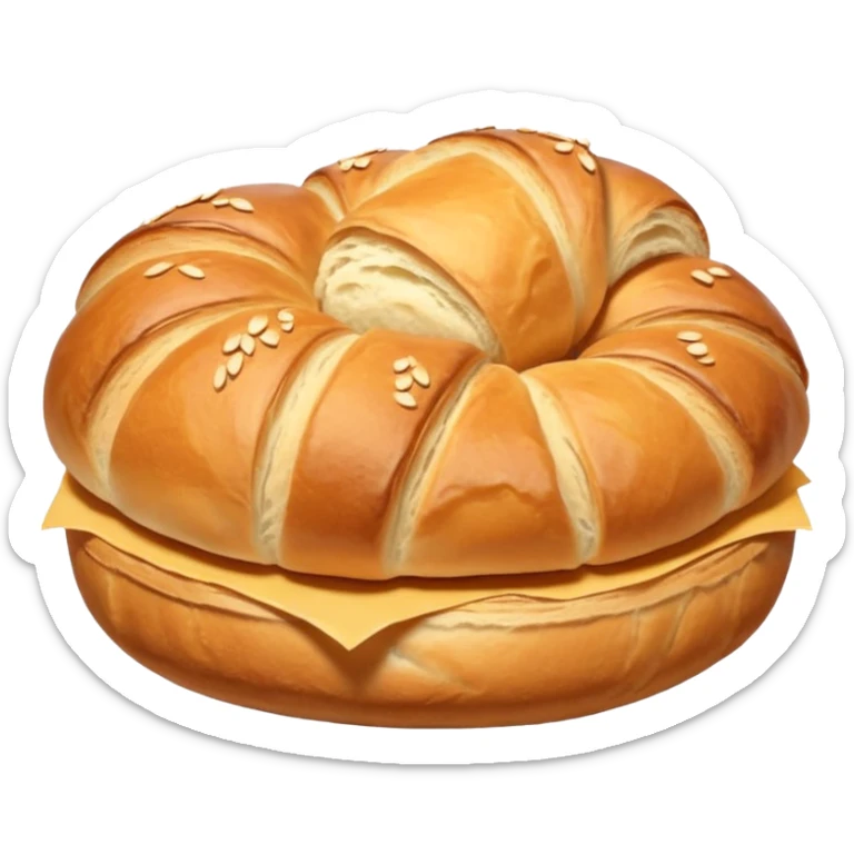 A group of baked goods: a round bread roll beside a small croissant on a warm golden background sticker