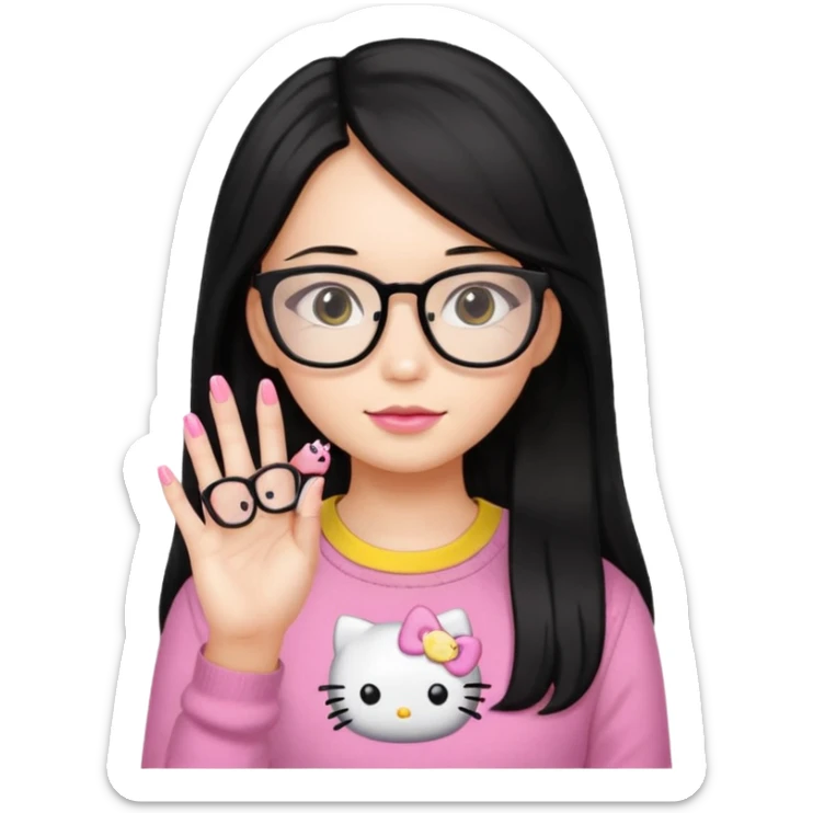 Nails cute hello kitty wear glasses black long  hair wear yello shirt sticker