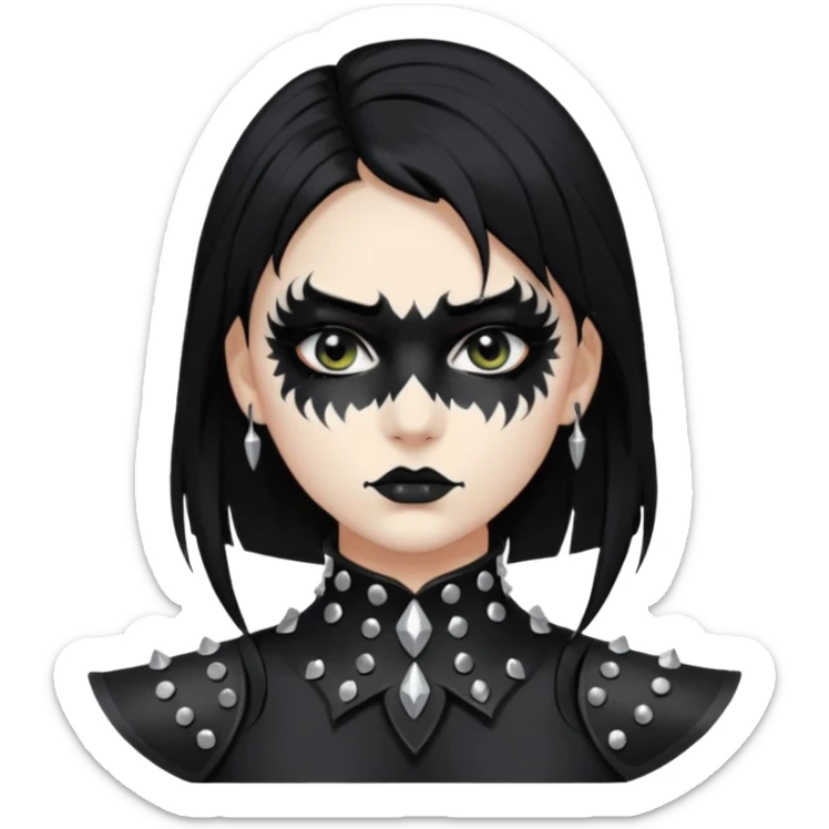 Crea una ragazza con stile black metal,  paint face black metal, capelli neri, mossi dalle spalle e occhi bianchi e un collare con borchie a punta sticker