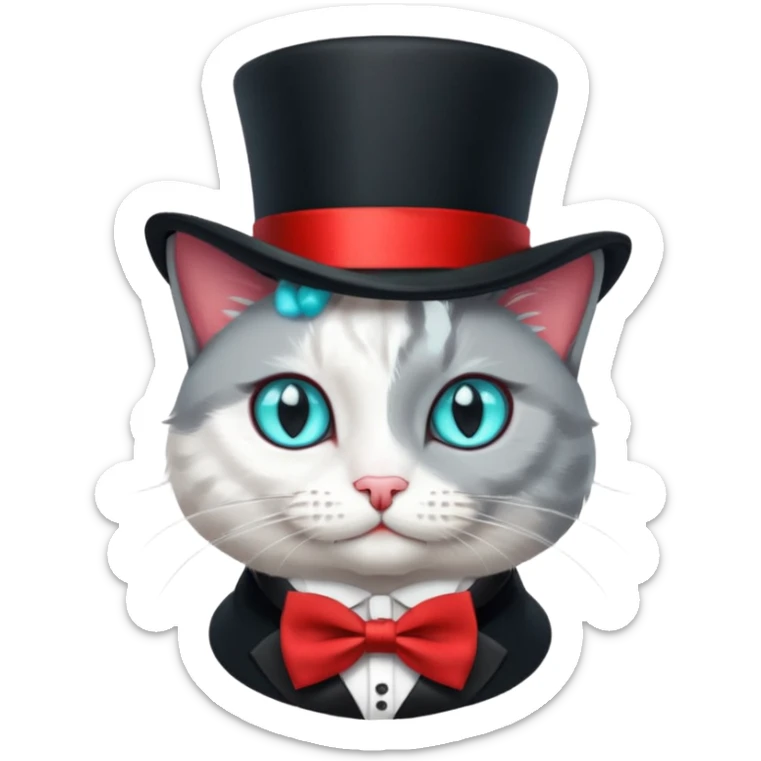  Kater in grau weiß, mit schwarzem Zylinder, der eine rote Banderole auf dem Kopf hat, der etwas schräg ist, so dass nur ein Ohr zu sehen ist. Der Kater schaut gerade nach vorne und am Hals hat er eine kleine, rote Schleife. Die Augen sind türkisfarben am funkeln mit kleinen, weißen Lichtreflexen. sticker