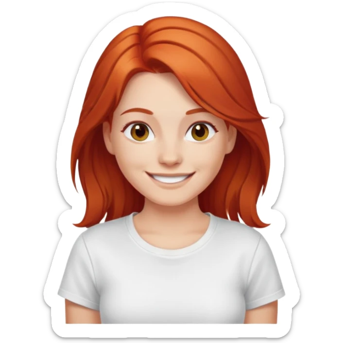 crea una chica blanca pelirroja con el pelo por debajo de los hombors, sonriente y con una camiseta blanca sticker