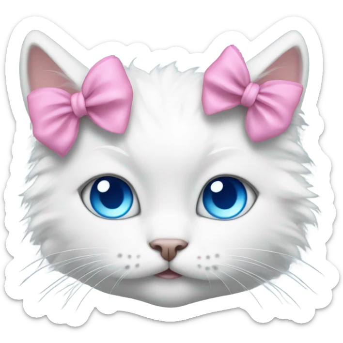 White fluffy cat with blue cute eyes with pink bow on top of the head on the right side  sticker