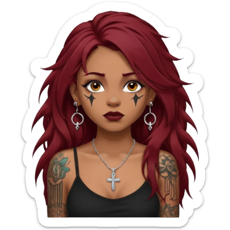 generate an ios genmoji of a dusky girl with long dark red messy hair with eyeliner on her eyes. septum piercing, wearing a cami black top, has tattoos, on shoulders. ear piercings. wearing a cross silver necklace. 


no tattoos on face sticker