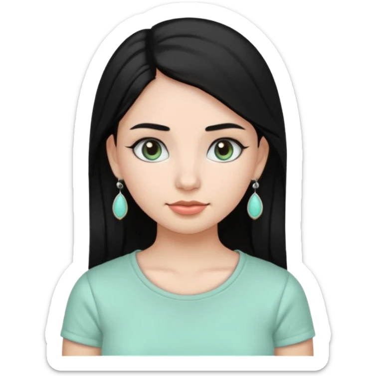 A girl emoji wearing  silver colour jhumka and light mint green colour tshirt with dark black hair sticker