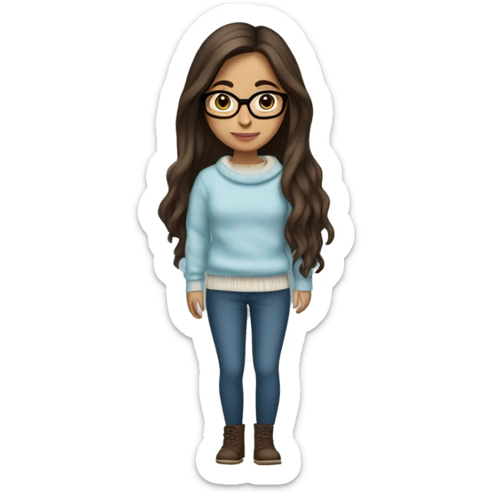 hispanic girl, long brown hair, brown eyes, full body, glasses, young, light blue winter sweater sticker