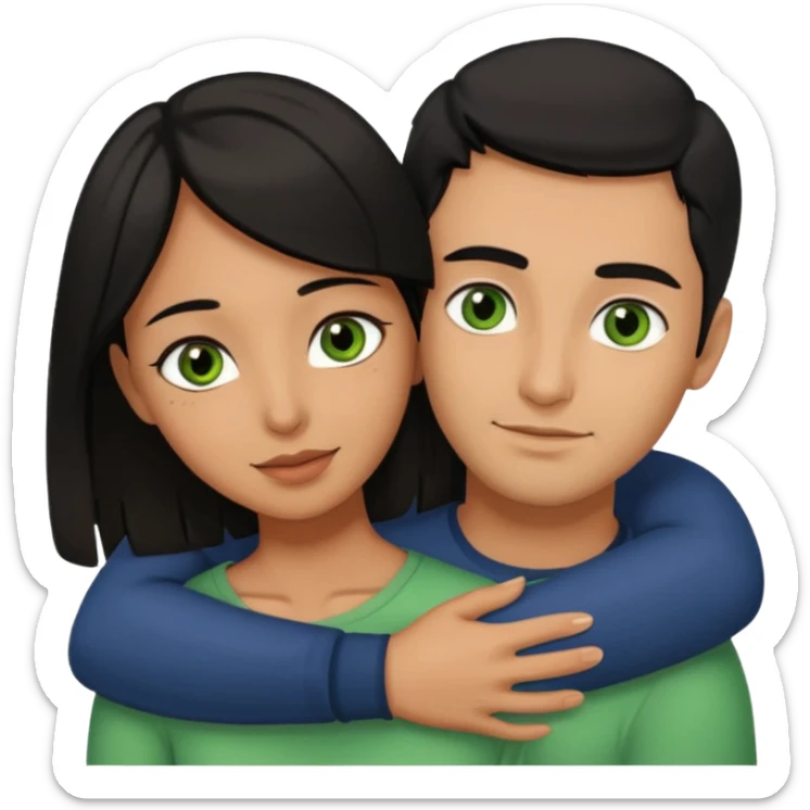 Woman  with brown eyes and black hair hugging a man with green eyes and brown hair sticker