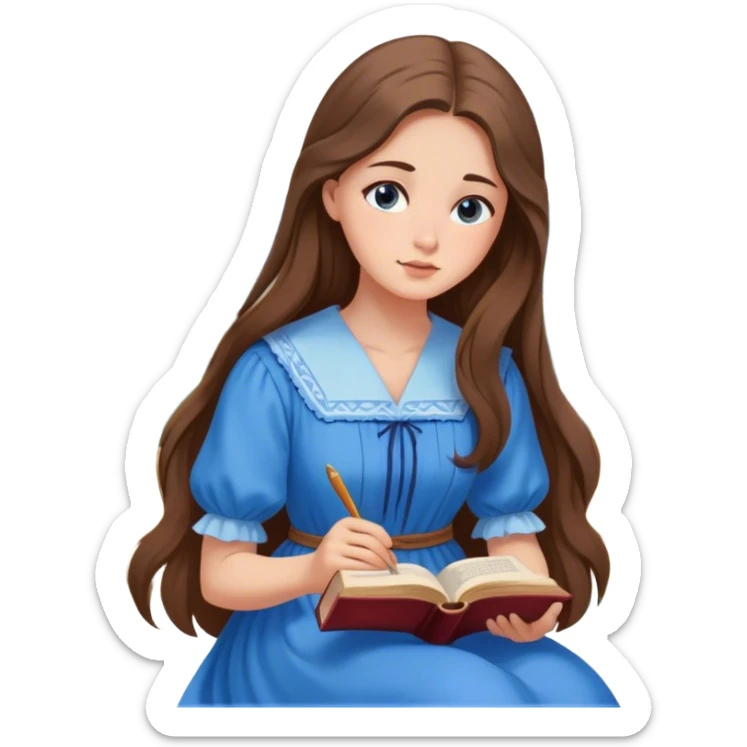 Cinematic Elegant Belle Portrait Emoji, Sitting with an open book, eyes dreamy with thought, her iconic blue village dress draped gracefully, exuding intelligence, kindness, and timeless charm! sticker