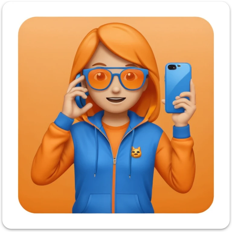 fun emoji-style character in a blue tracksuit, wearing dark sunglasses, holding hand to ear like a phone, playful energetic expression, orange misty background sticker