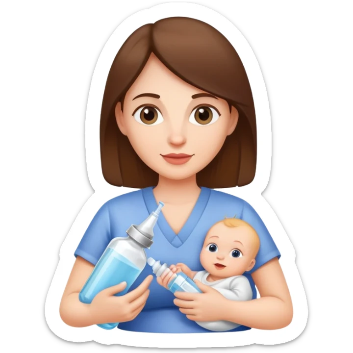 Mother holding a baby bottle with milk and a vaccine syringe sticker