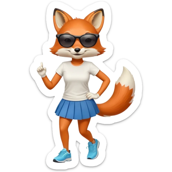 friendly anthropomorphised female fox in skirt and t-shirt, wearing dark sunglasses, jogging upright in standard pose sticker