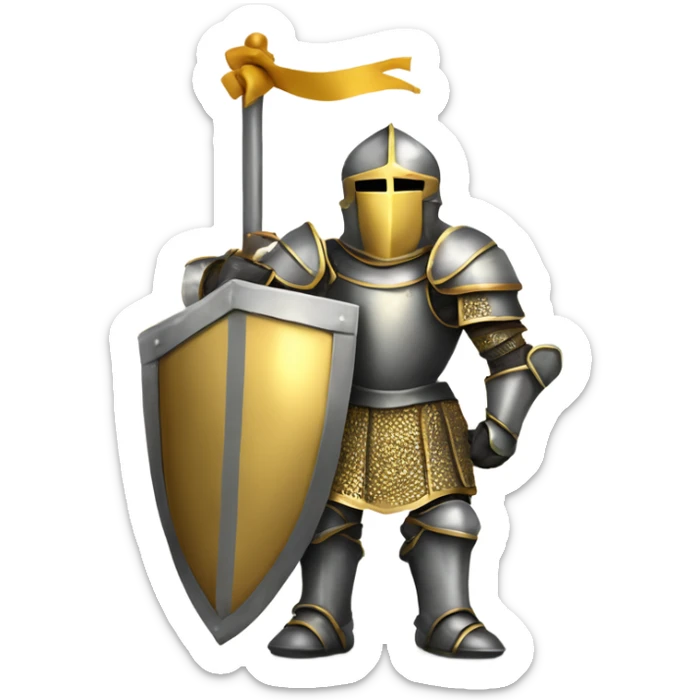 Gold armour knight holding big banner, a Christian very strong faith based warrior sticker