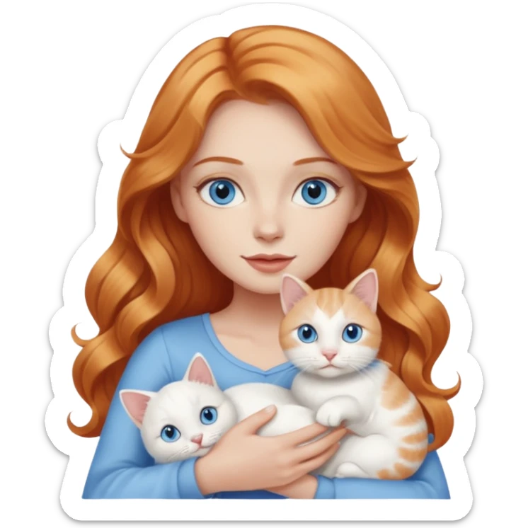 Long wavy strawberry blonde blue eyes woman with a white cat with blue eyes realistic  sticker