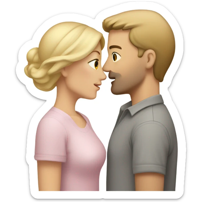 white woman with blonde hair and a light pink shirt kissing a white man with short brown hair wearing a grey shirt sticker