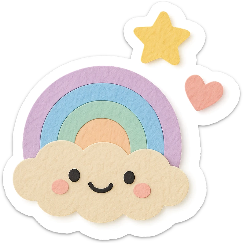kawaii tiny rainbow, floating star and heart, soft pastel palette, no arms or legs, transparent background, full body, paper craft style sticker