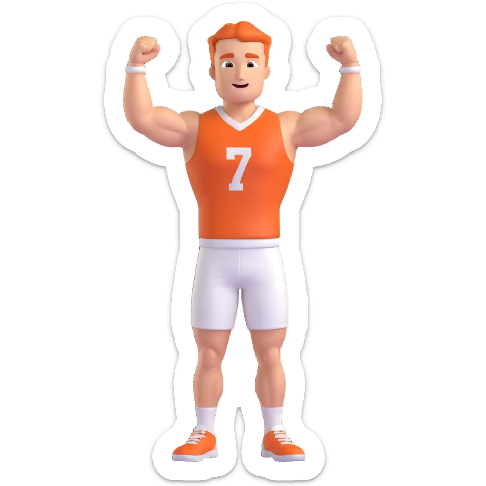 realistic 3D icon of a handsome, muscular male student American football fan cheering for the University of Texas, wearing burnt orange and white sticker