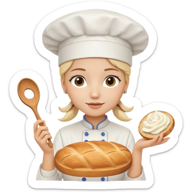 Young female baker - white chef hat, holding cream piping bag to milk oil on bread sticker