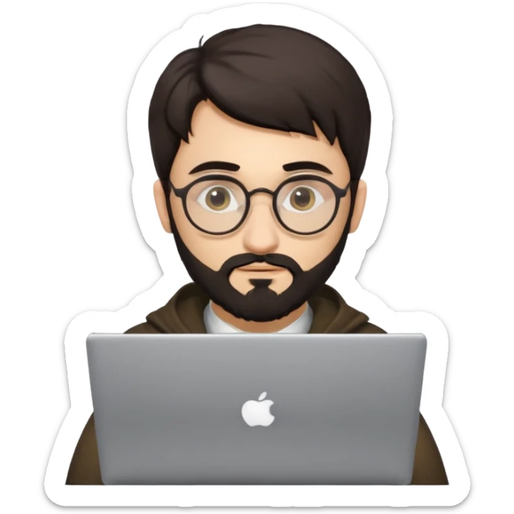 23 year old Azerbaijani man with very dark brown hair and beard with glasses and laptop , light yellow skin face, not European, glasses like a harry potter sticker