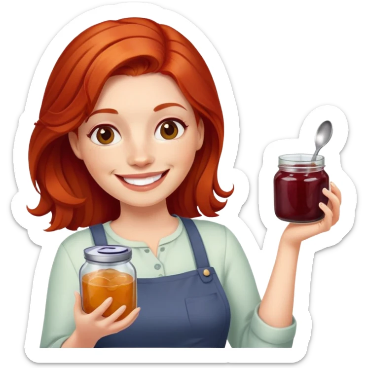 redhead woman with big smile holding a glass jar with jam in one hand and a little spoon with jam in other hand sticker