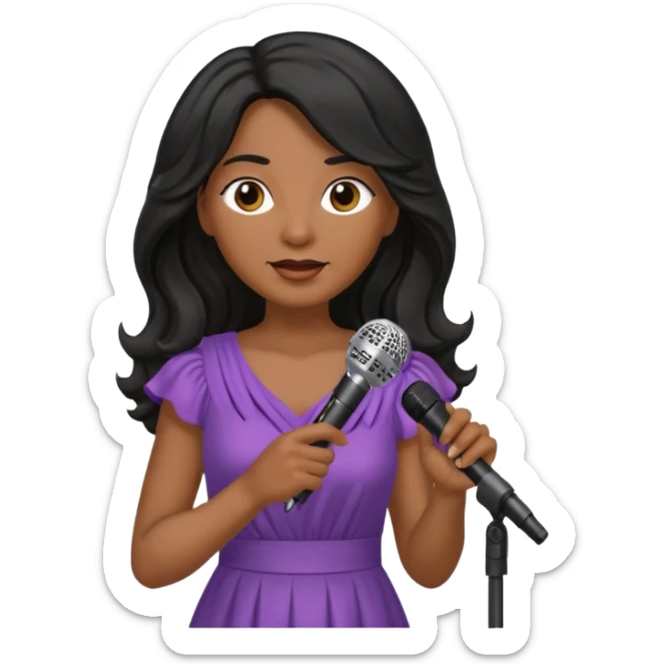 Middle age, long wavy black hair, brown skin, wearing dress, holding mic sticker