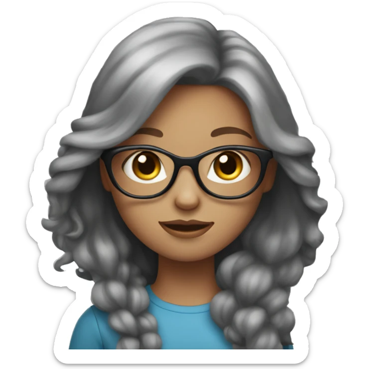 A long hair red headed girl with blue eyes, light skin, black glasses, holding an all grey cat  sticker