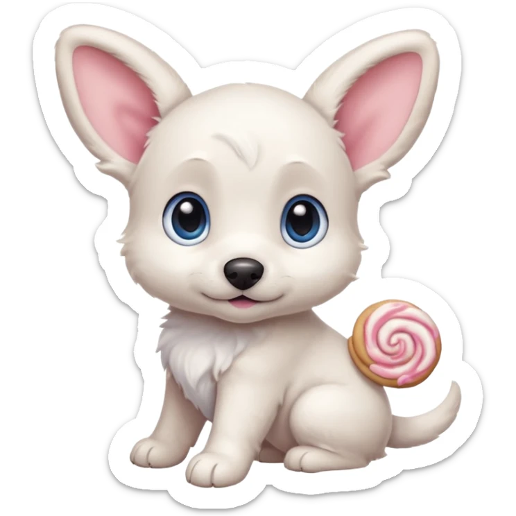 a shy but friendly white puppy with long ears that let him fly, blue eyes, pink cheeks, and a tail shaped like a cinnamon roll sticker