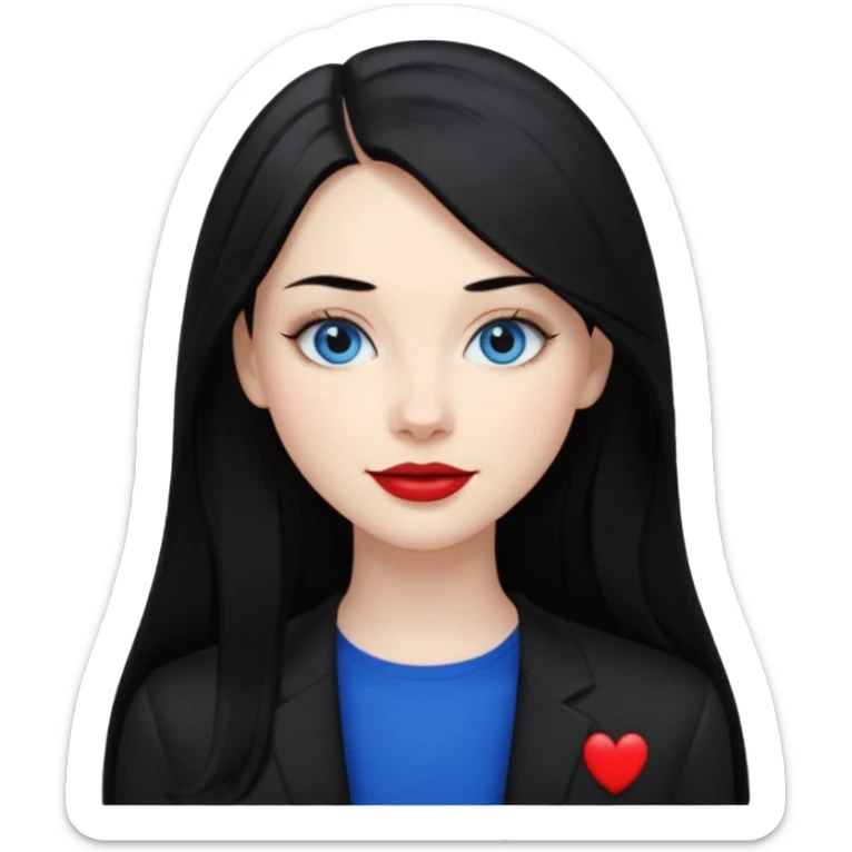20 yr old woman long straight black hair, pale skin, blue eyes, red lipstick, black clothes, small smile sticker