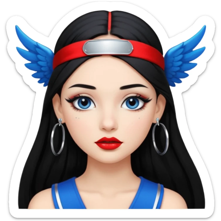 Girl with Black long straight hair with headband black one that puts hair pushed back winged eyeliner both upoer and lower line blue eyeshadow silver hoops  sticker