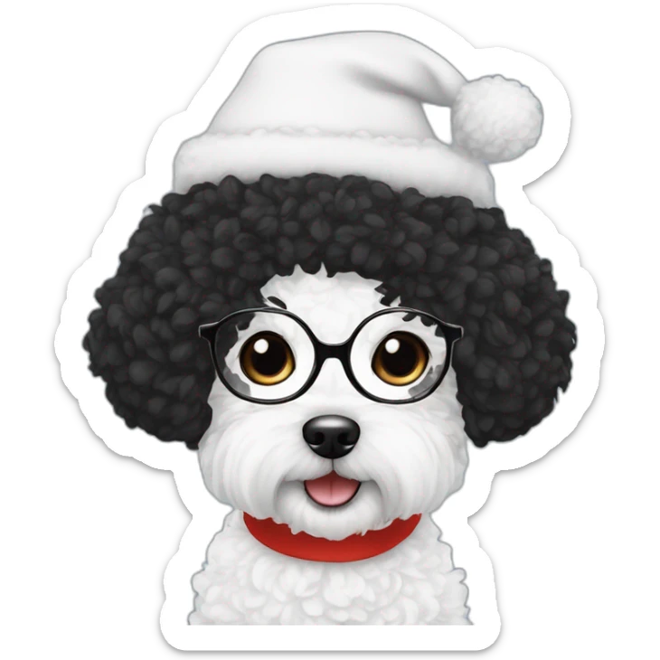 woman-black hair-christmas hat-with glasses-with bichon dog-white-smile sticker