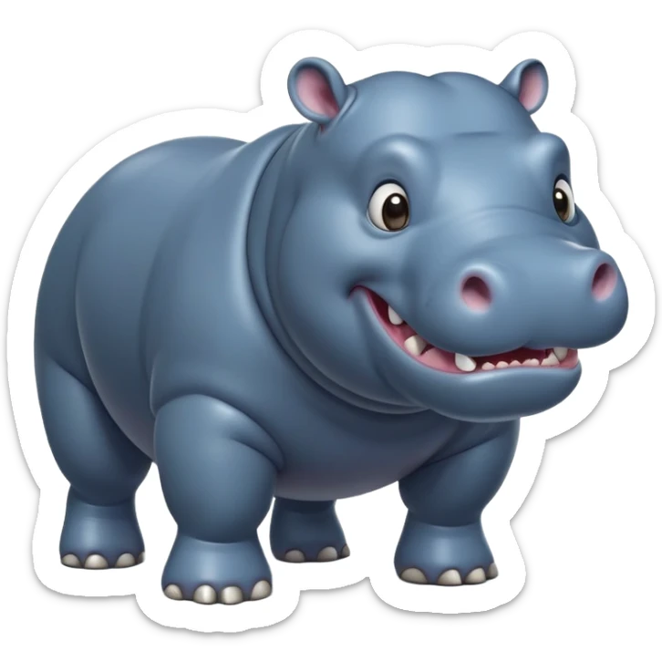 cinematic-hippo-realistic-full-body-side-view-standing-on-all-fours-emoji,-massive-round-frame,-wide-mouthed-grin-exposing-huge-teeth,-head-tilted-dramatically,-thick-greyish blue-hide-glossy, big cute eyes sticker