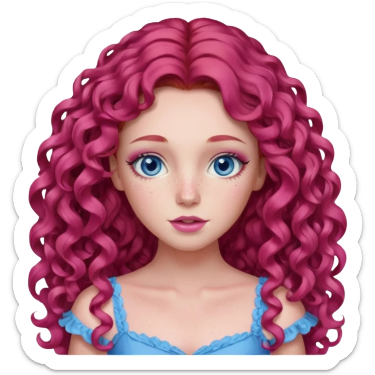 Chappell Roan long red curly hair, blue eyes, pink eyeshadow and lip, pink dress sticker
