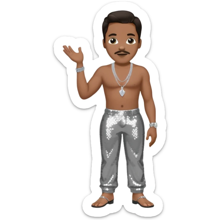 Charlie Wilson with dark brown hair, silver sequin baggy pants, shirtless with necklace sticker