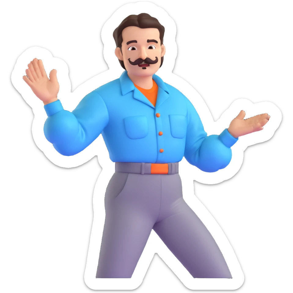 character with slicked back shiny dark brown hair, handlebar mustache, flamboyant light blue puffed sleeve shirt, cheeky deadpan face, one hand forward Latin dance pose sticker