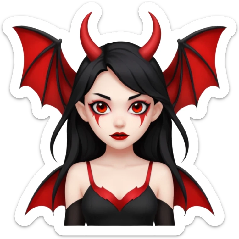 demon girl, skin red , black long hair, small horns, bat wing, black open-back dress, bold black outlines sticker