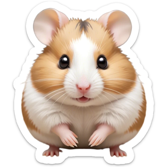 Cinematic Cute Brown and White Banded Hamster Portrait Emoji, Head tilted playfully and inquisitively, showcasing a fluffy fur with playful brown and white banded patterns, round, sparkling dark eyes filled with curiosity, Simplified yet irresistibly adorable features, highly detailed, glowing with a warm, friendly glow, high shine, affectionate and lively, stylized with a touch of whimsy, bright and endearing, soft glowing outline, capturing the essence of a mischievous yet loving hamster, so playful it feels like it could dash out of the screen and into your arms! sticker