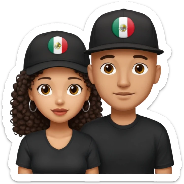 A picture of a cute tanned couple. the man is Mexican, with a bald hair cut wearing a SnapBack hat and a black shirt. the woman is mixed, she has curly longer dark brown hair, thicker and with big boobs  sticker