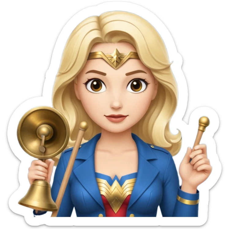 Blonde Wonder Woman holding bell and short white orchestra conductor’s baton  sticker