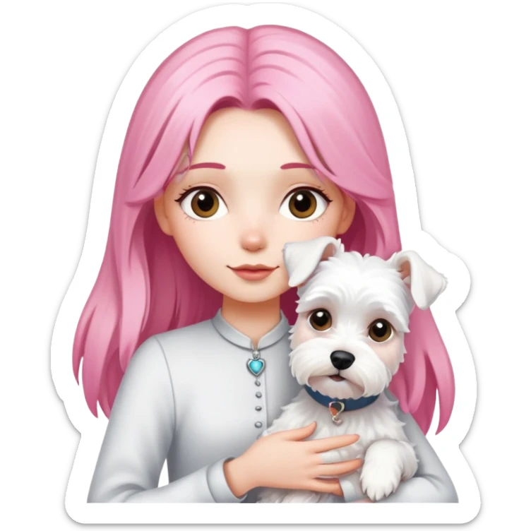 Girl with long pink hair holding a white schnauzer dog sticker