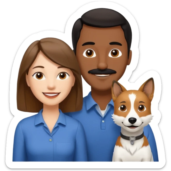 Quiero a una mujer blanca  con el pelo por el hombro lacio castaño  con un hombre de color morochito con el pelo negro y bigote, ambos felices  y un solo perro blanco Fox terrier  sticker