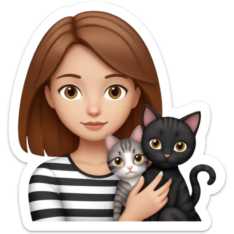 tan brown-haired girl holding two cats, one black cat and one grey-striped cat sticker