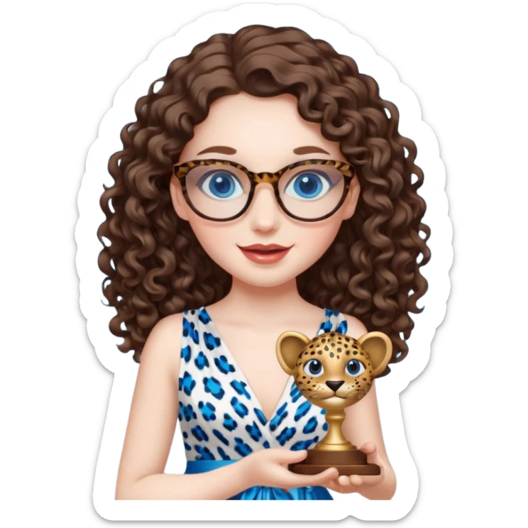 A girl with white pale skin, full lips, brunette LONG curly hair. She is wearing a white  silk dress. She is holding an award and happy. She has a leopard print round-ish shaped glasses. She has blue eyes. sticker