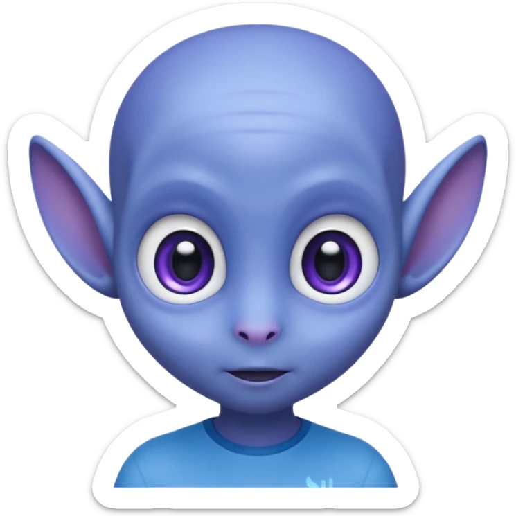 Portrait of an cute alien with smooth purple-blue skin, small antennae, large black oval eyes, small nose, and visible ears, elongated head, front-facing, wearing blue t-shirt, soft glow, simple futuristic design sticker