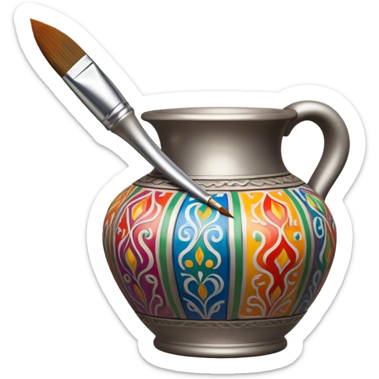 Metal painting icon, fine paintbrush painting a detailed metal statuette or vase with bright, vivid colors, visible strokes and intricate patterns, no finished artwork, just the painting process, minimalistic style, clean lines, transparent background. sticker