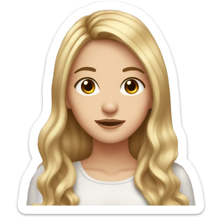 White girl with brown eyes and long brown hair with blonde streaks in front of hair sticker